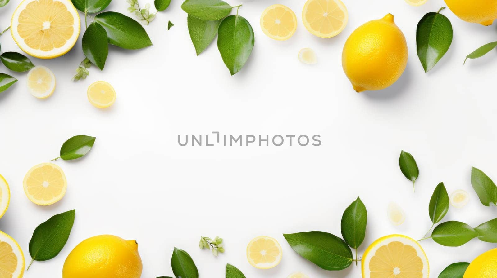 Backdrop with fresh lemons and green leaves and copyspace isolated on white background. Artificial Art