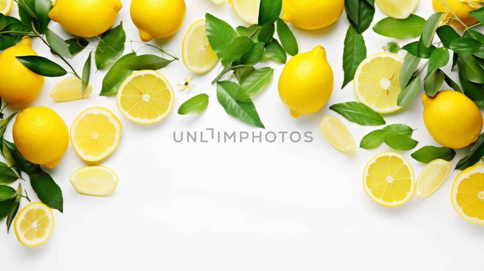 Backdrop with fresh lemons and green leaves and copyspace isolated on white background. Artificial Art