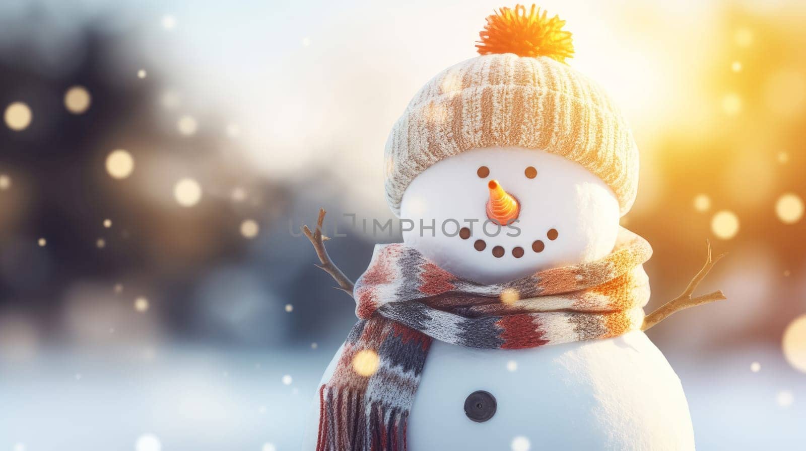 Funny Toy Snowman in a beautiful Winter scenic with bokeh. Artificial Art.