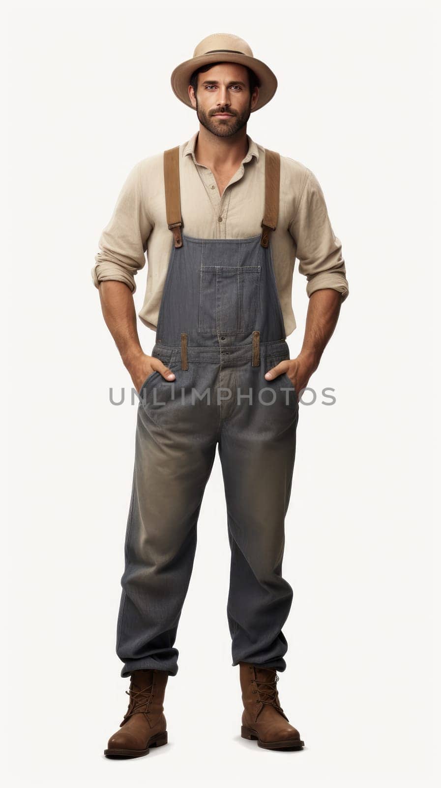 Farmer with hat standing in studio isolated on white background. artificial art