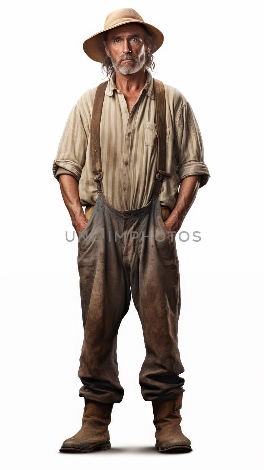 Farmer with hat standing in studio isolated on white background. artificial art