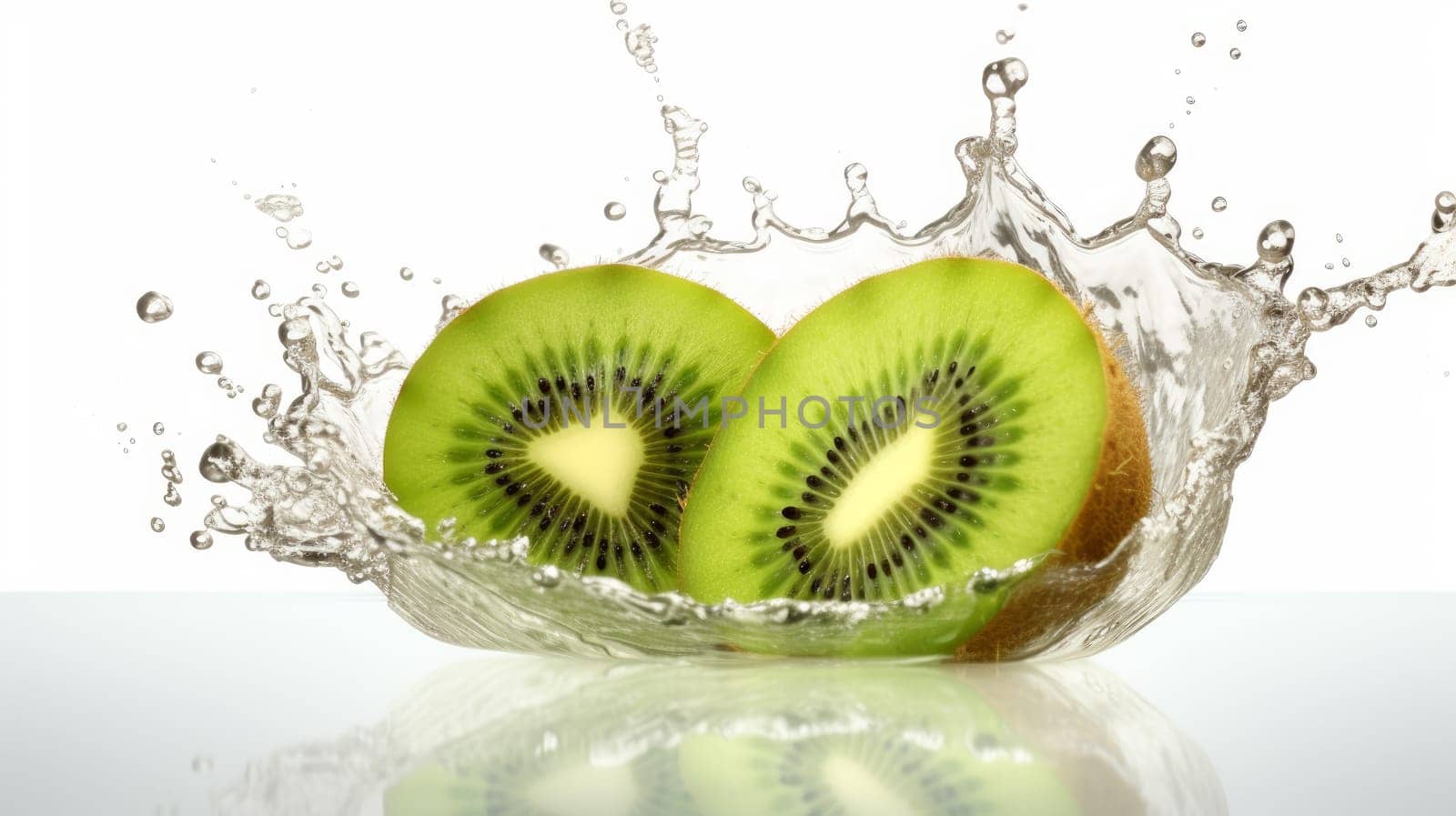 Kiwi splash with water drops in motion on white background. artifial art