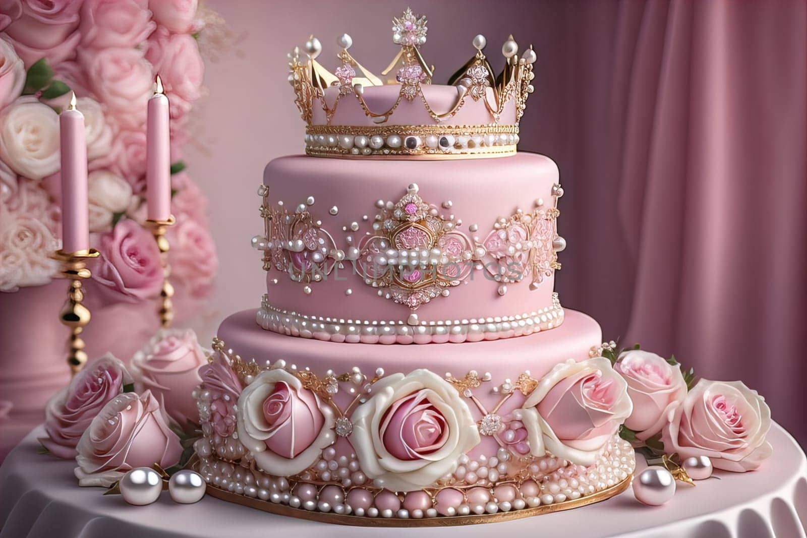 Wedding cake decorated with pink roses and gold crown on the table. ai generative