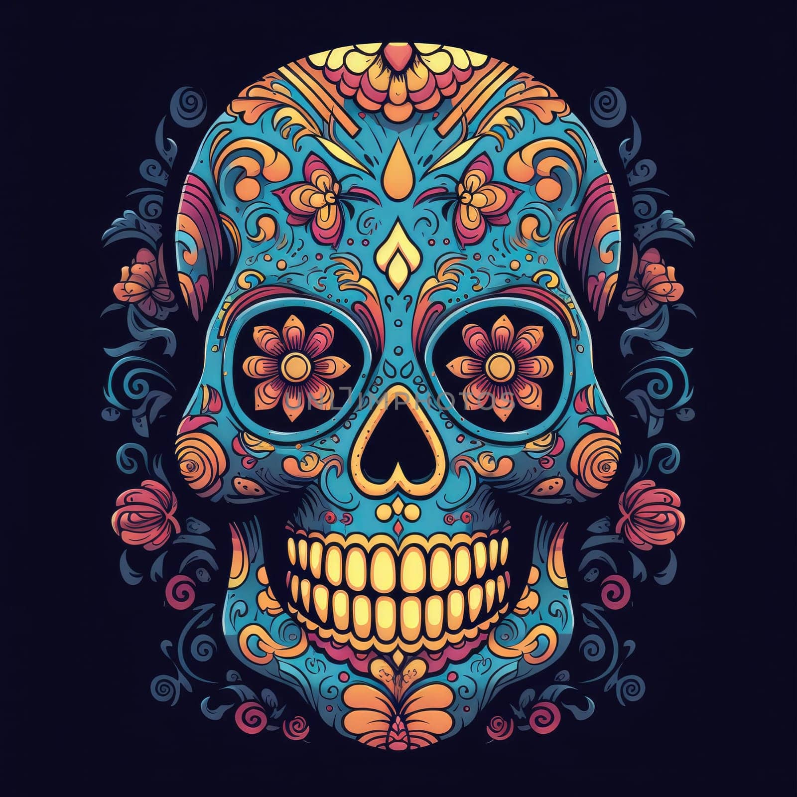 colorful sugar skull decorated with intricate floral patterns on a light background.generative Ai,