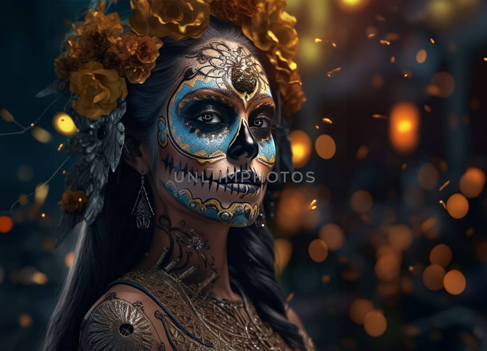 close-up young woman with make-up at the festival Day of the Dead - Dia de los Muertos (Day of the dead) - a holiday dedicated to the memory of the dead.generative Ai