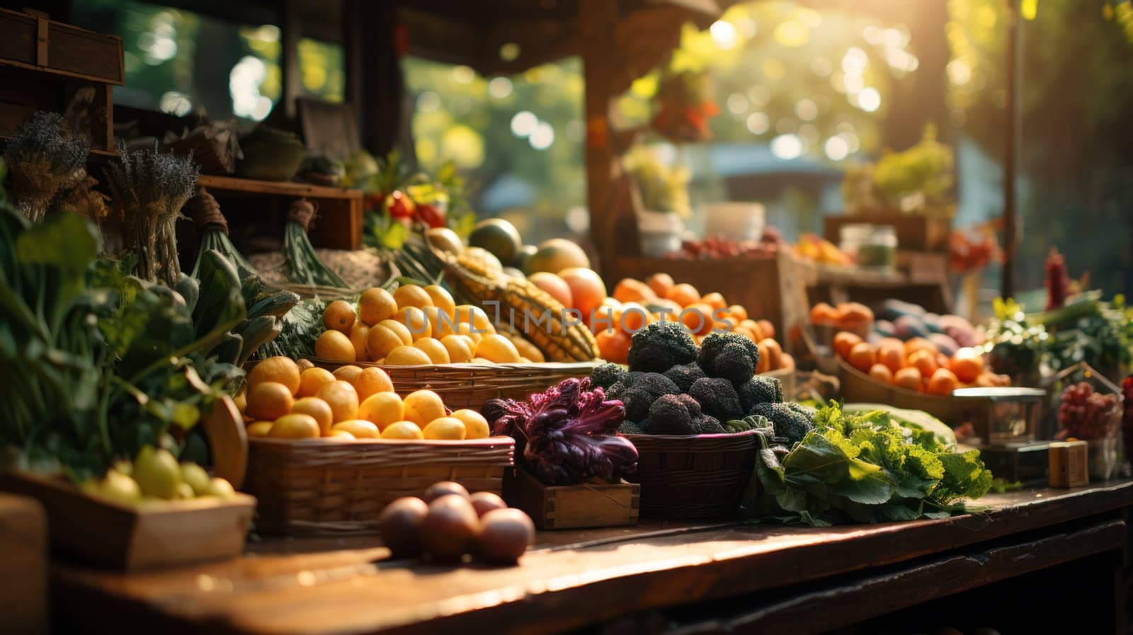 stand with fresh fruits and vegetables at the farmers market.Generative AI
