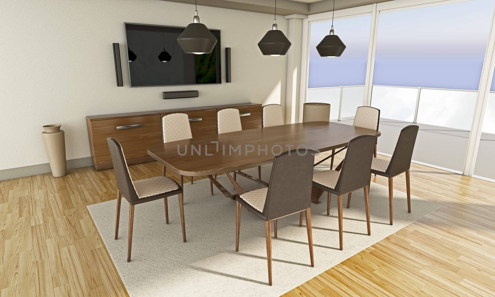 Dining table and chairs in the room. 3D illustration.