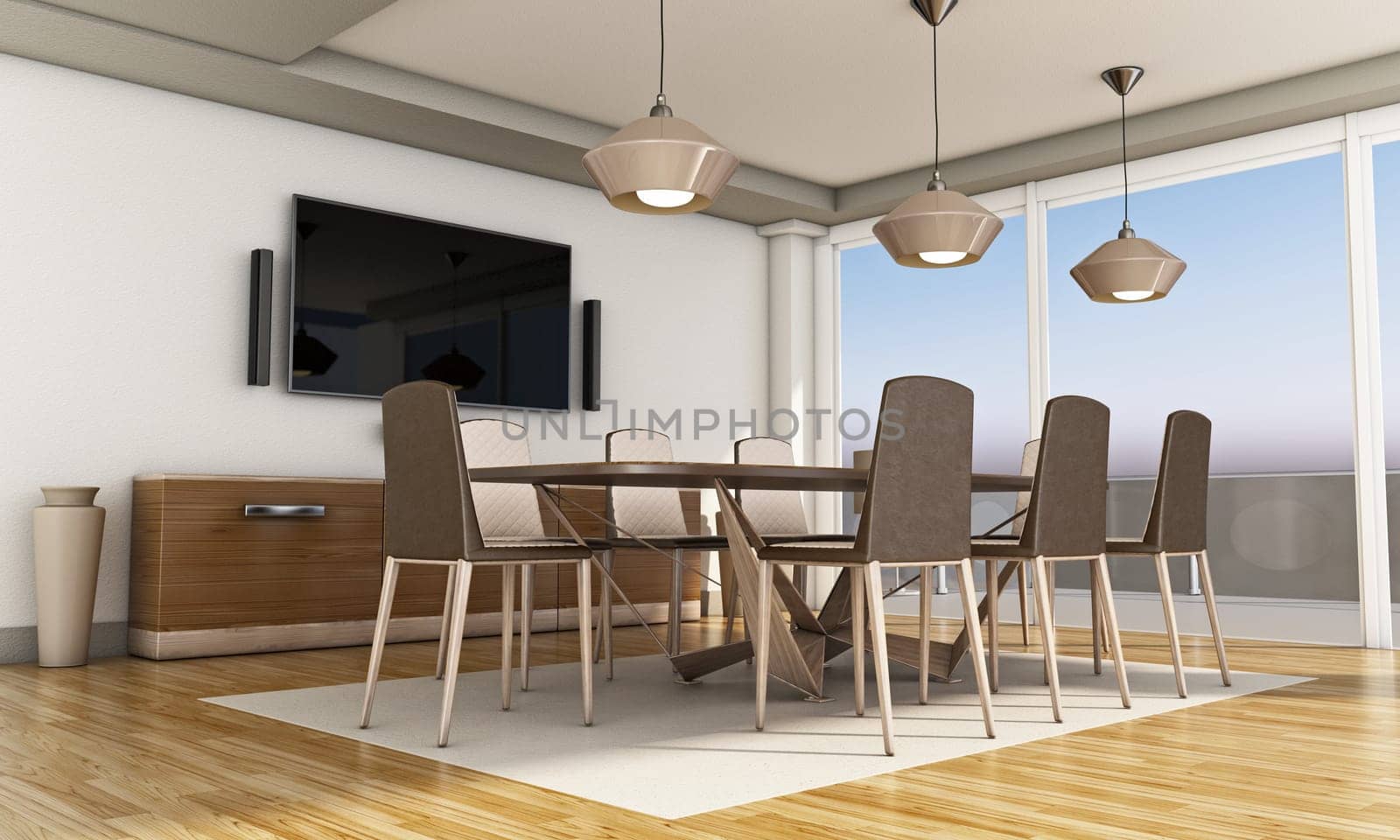 Dining table and chairs in the room. 3D illustration.