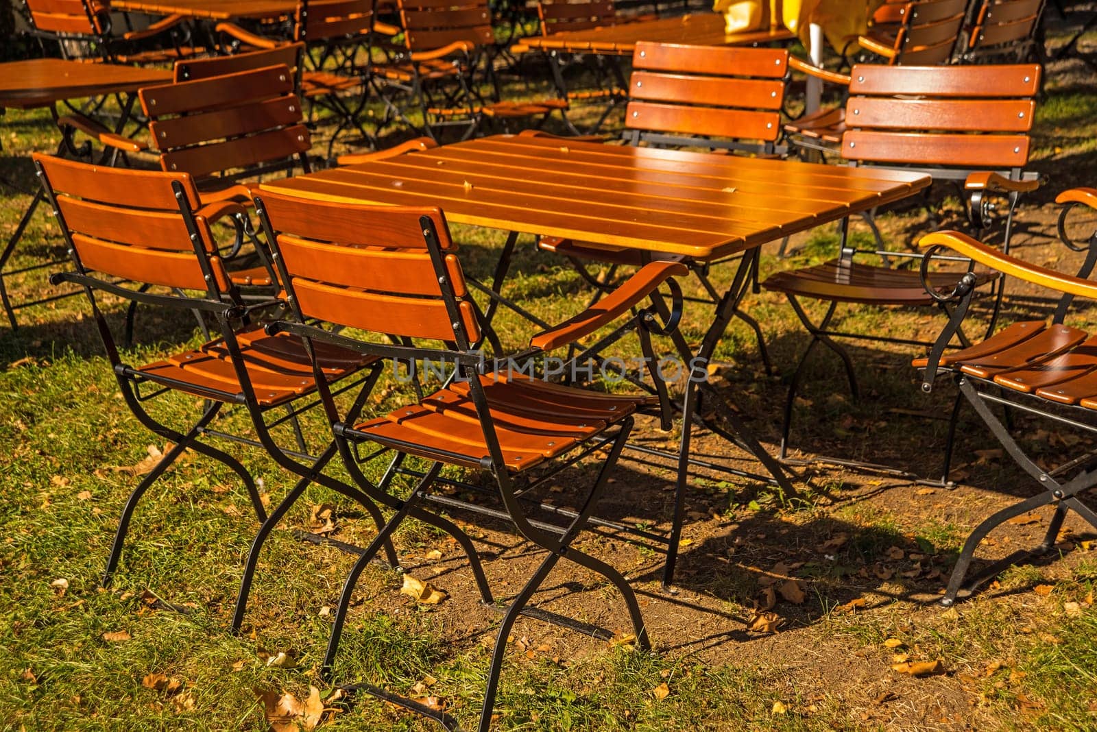 empty German beer garden with wooden furniture in late summer sun