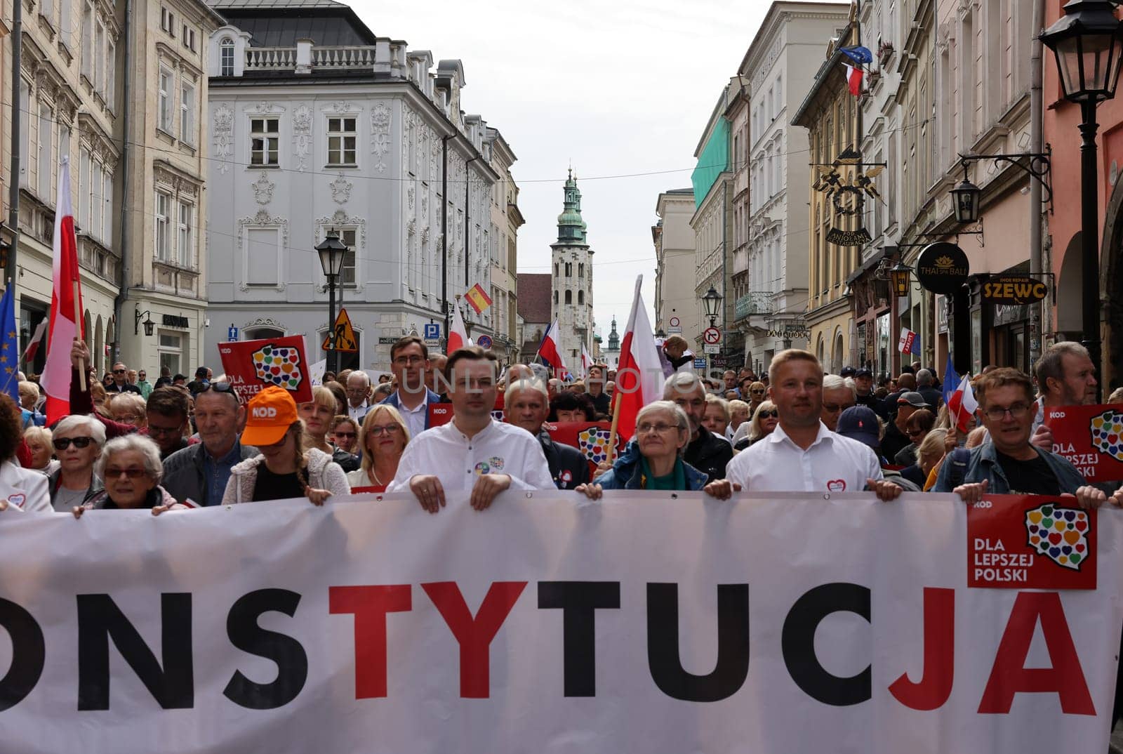 Cracow, Poland - October 1, 2023: Million Hearts March in Krakow. Crowds of Poles march through the streets of Krakow protesting against PiS's rule