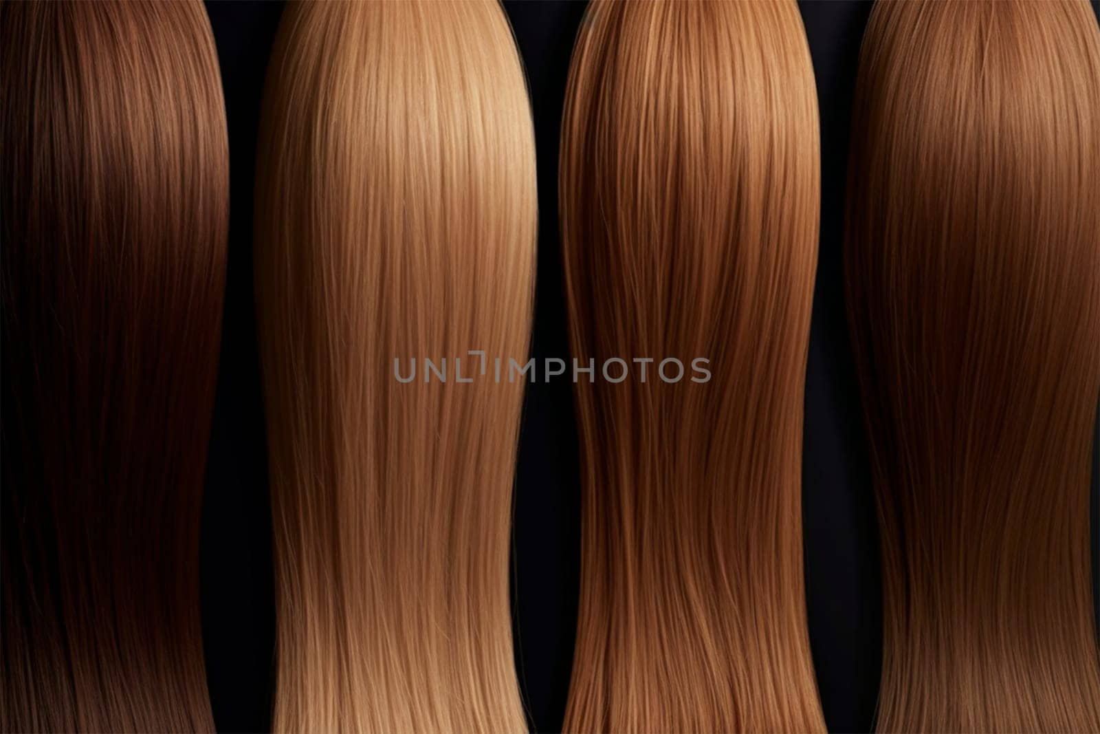 assortment of hair for hair extension procedure. types of materials, color and quality for the presentation of the service. Toning of different shades of the background of the strands. Social media content for beauty salons and hair shops.