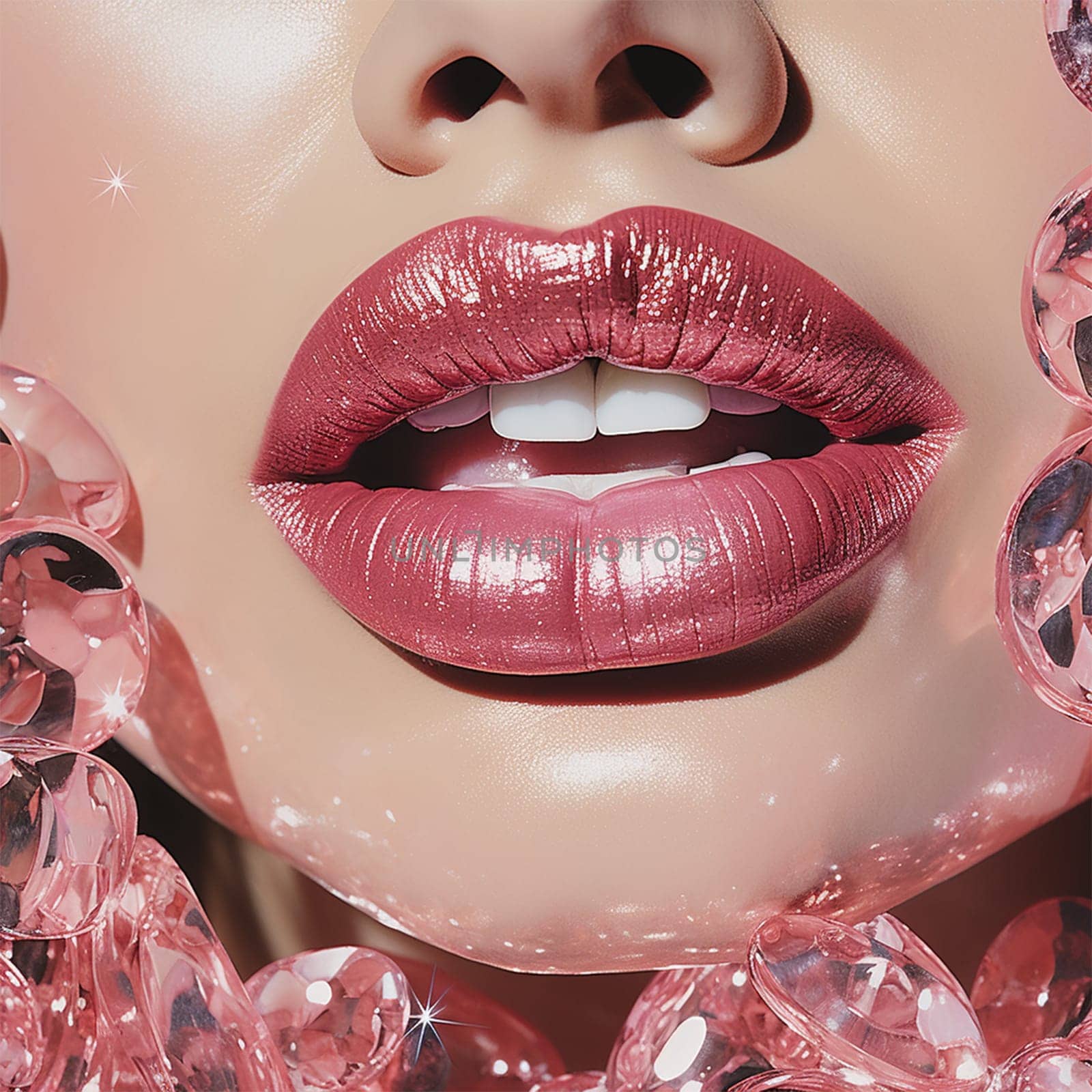 Beautiful pink glossy female lips with precious crystals on the face