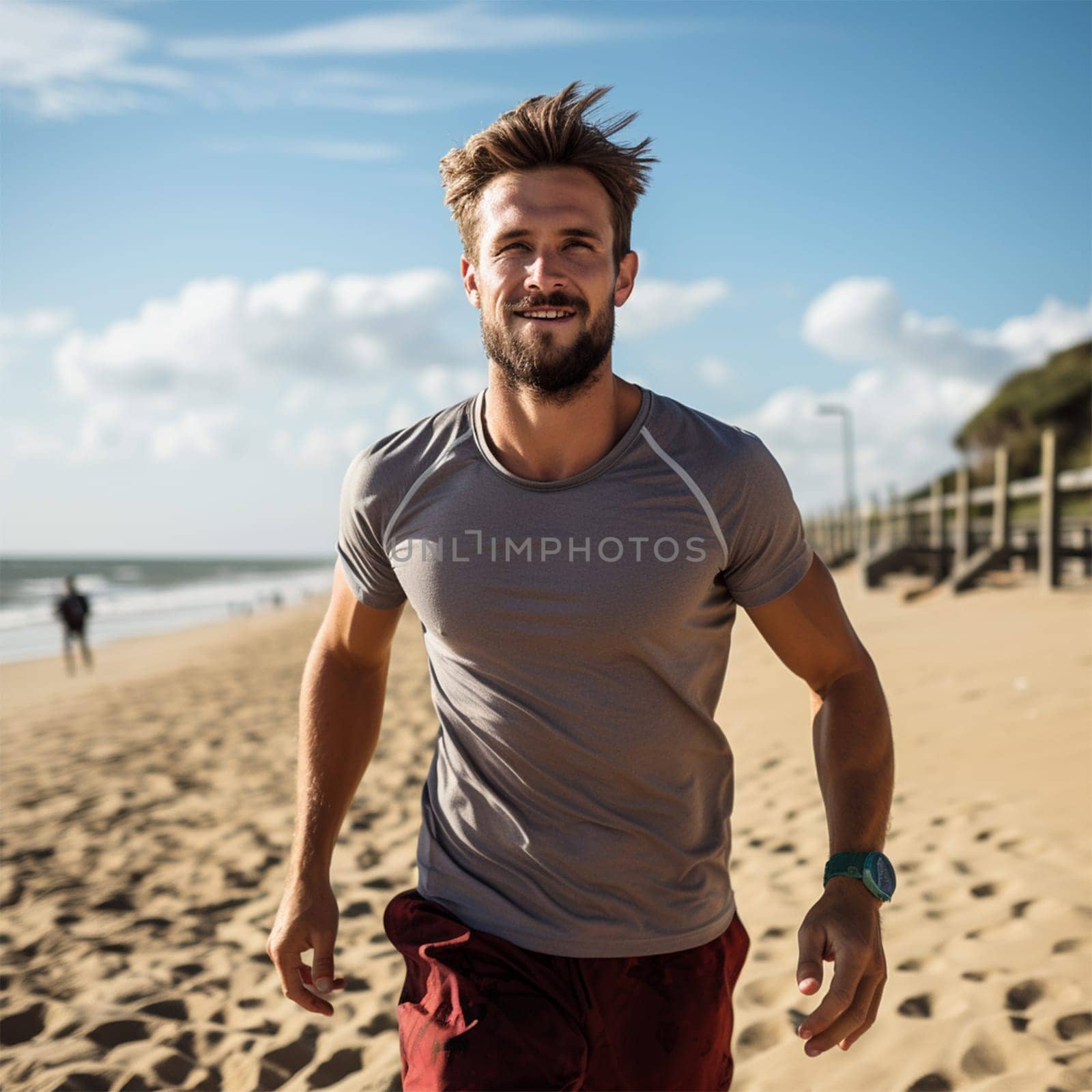 Young man exercising and running on the beach on a sunny day