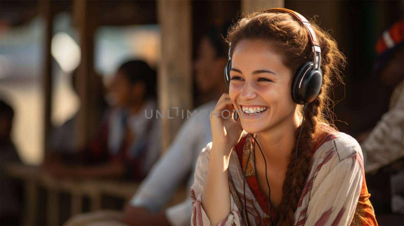 young woman smiling while listening to music on headphones outdoors in a cafe .