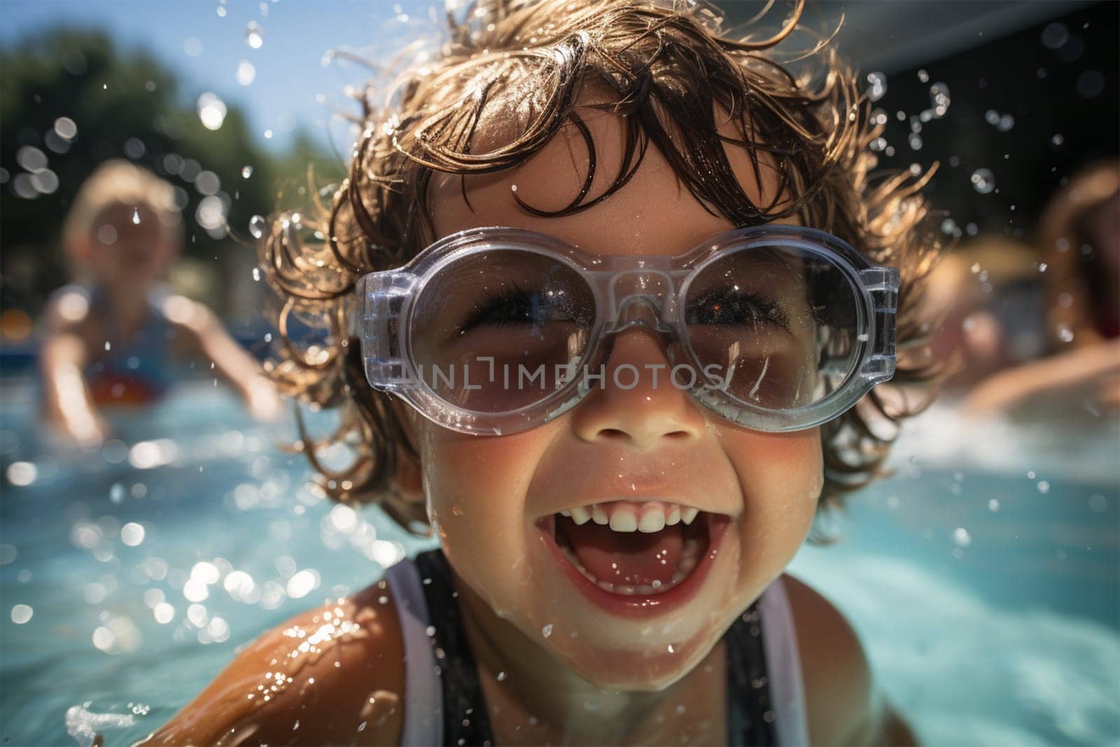 happy and cheerful child in swimming glasses splashing in the pool.