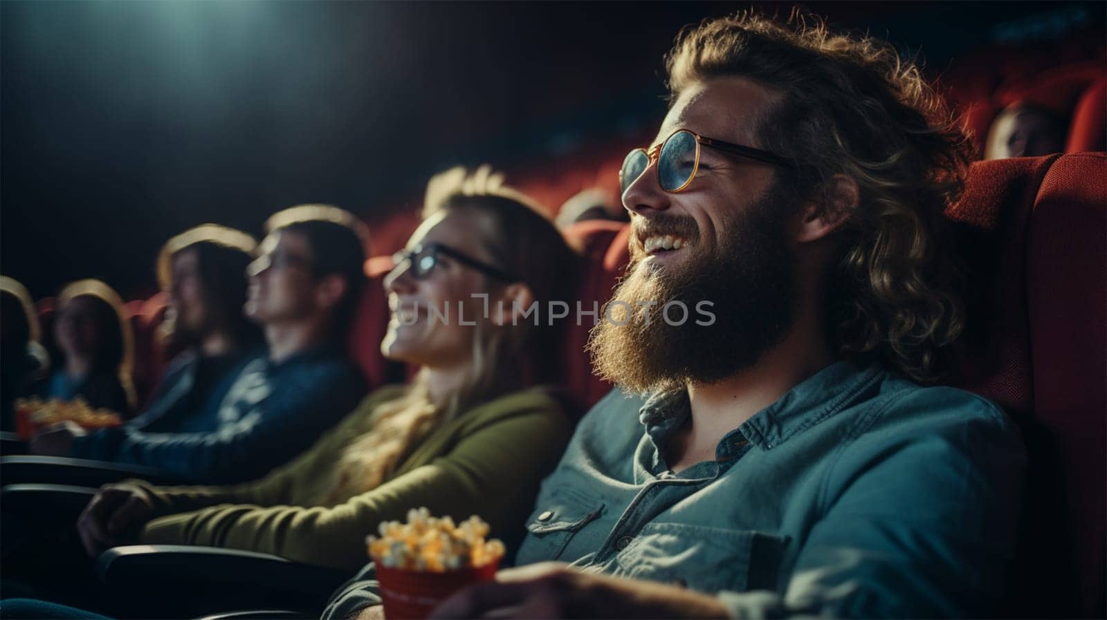spectators in the cinema sit and watch the film with enthusiasm and attention and laugh