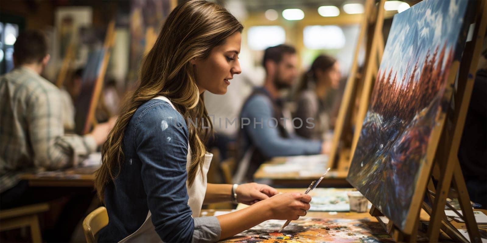 A young artist smiles confidently and paints a picture in the company of her colleagues in an art studio.