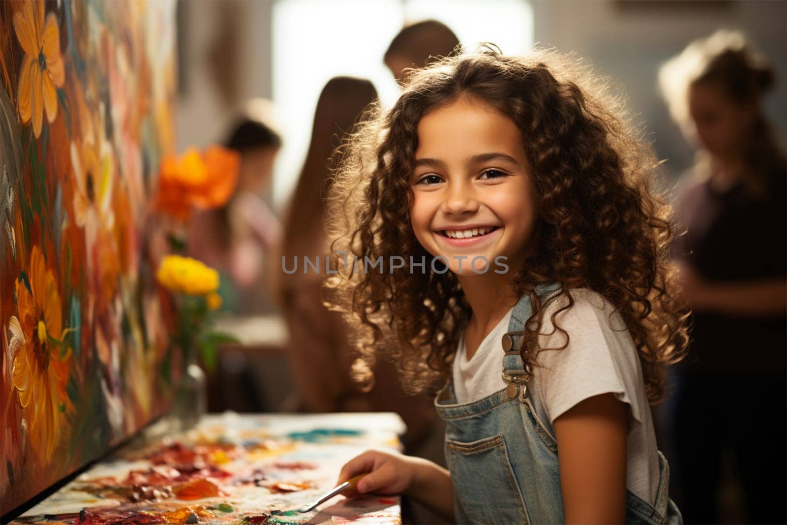 Little artist smiles and confidently paints a picture in an art studio.Curly Girl with paints at an easel