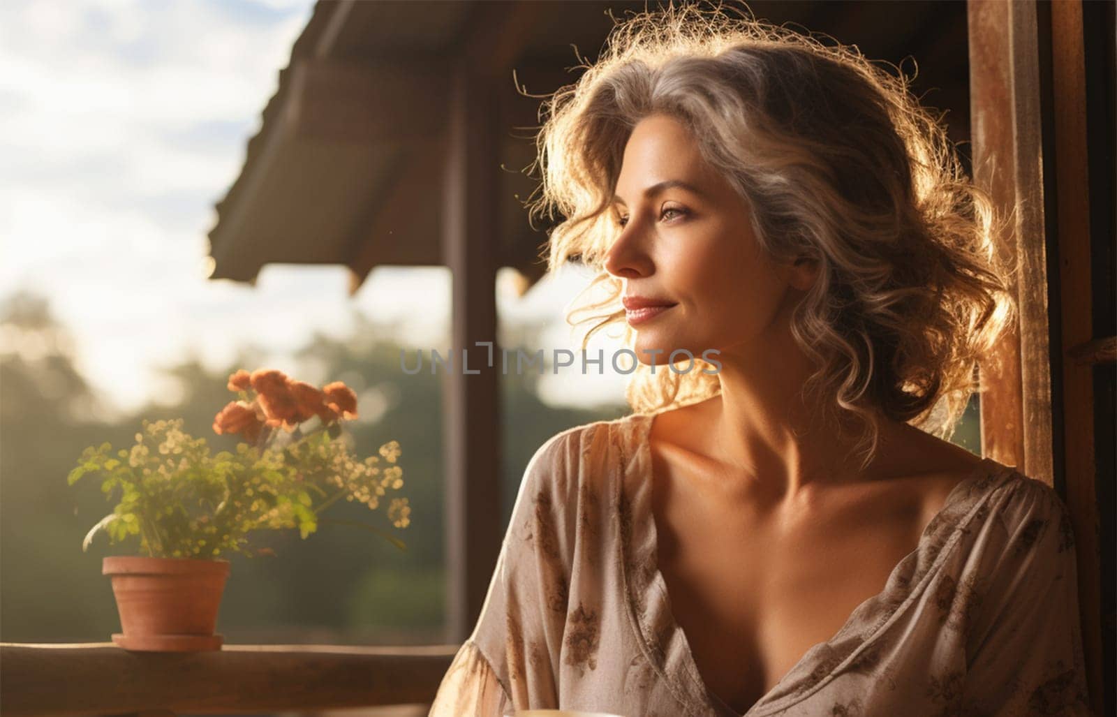 stylish gray-haired elderly woman on the veranda enjoying the sunshine.