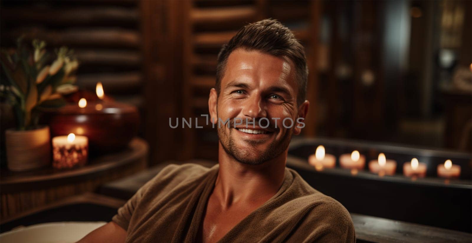 young well-groomed man client of a spa salon awaiting a body care or massage procedure.