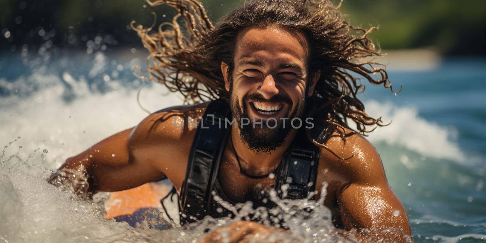 Young tanned and cheerful surfer man with long hair rides a fast and perfect ocean wave
