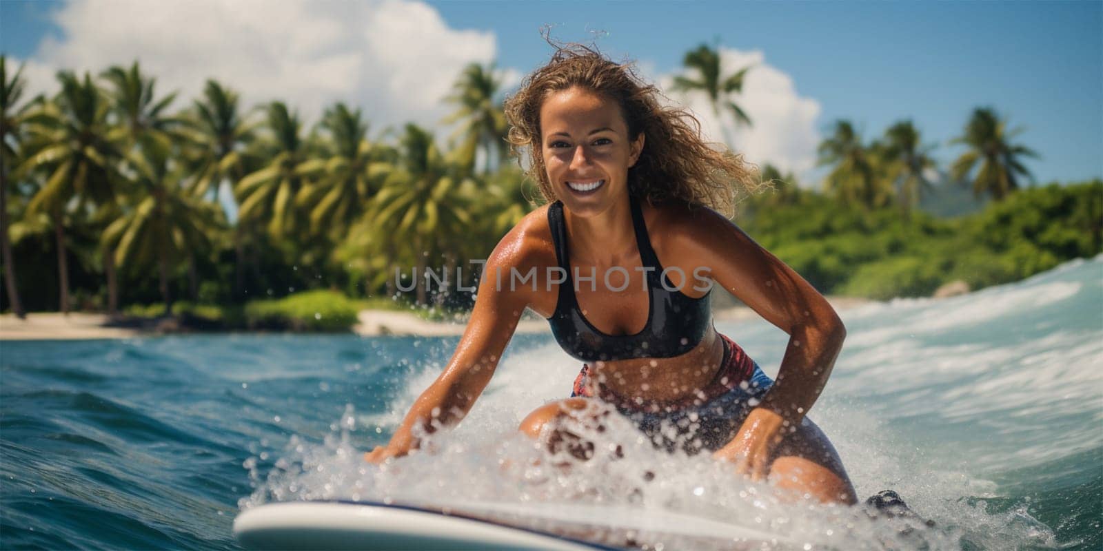 Beautiful surfer girl on a surfboard on a sunny day. Woman in the ocean while surfing.