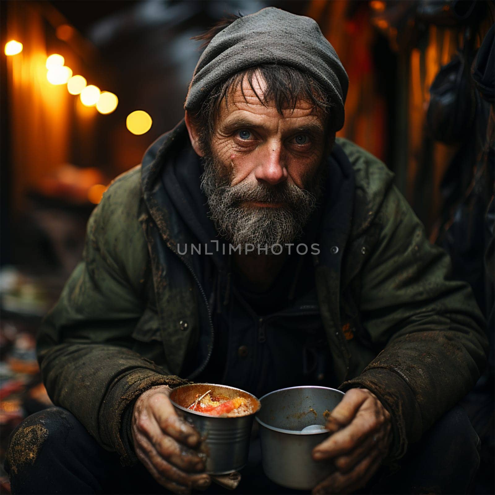 a homeless old man with gray hair and a beard in dirty clothes holds a bowl of food. Waiting for help on the city streets. Help and hope concept.Generative AI