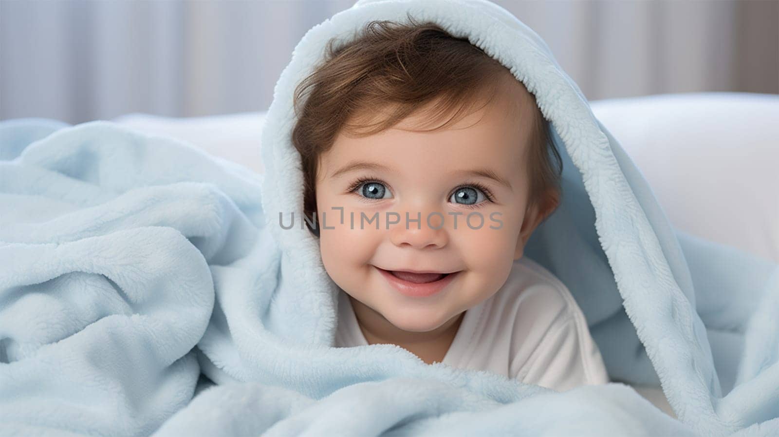 close-up portrait of a baby wrapped in a blanket on the bed and looking at the camera. concept for advertising health and products for babies.Generative AI