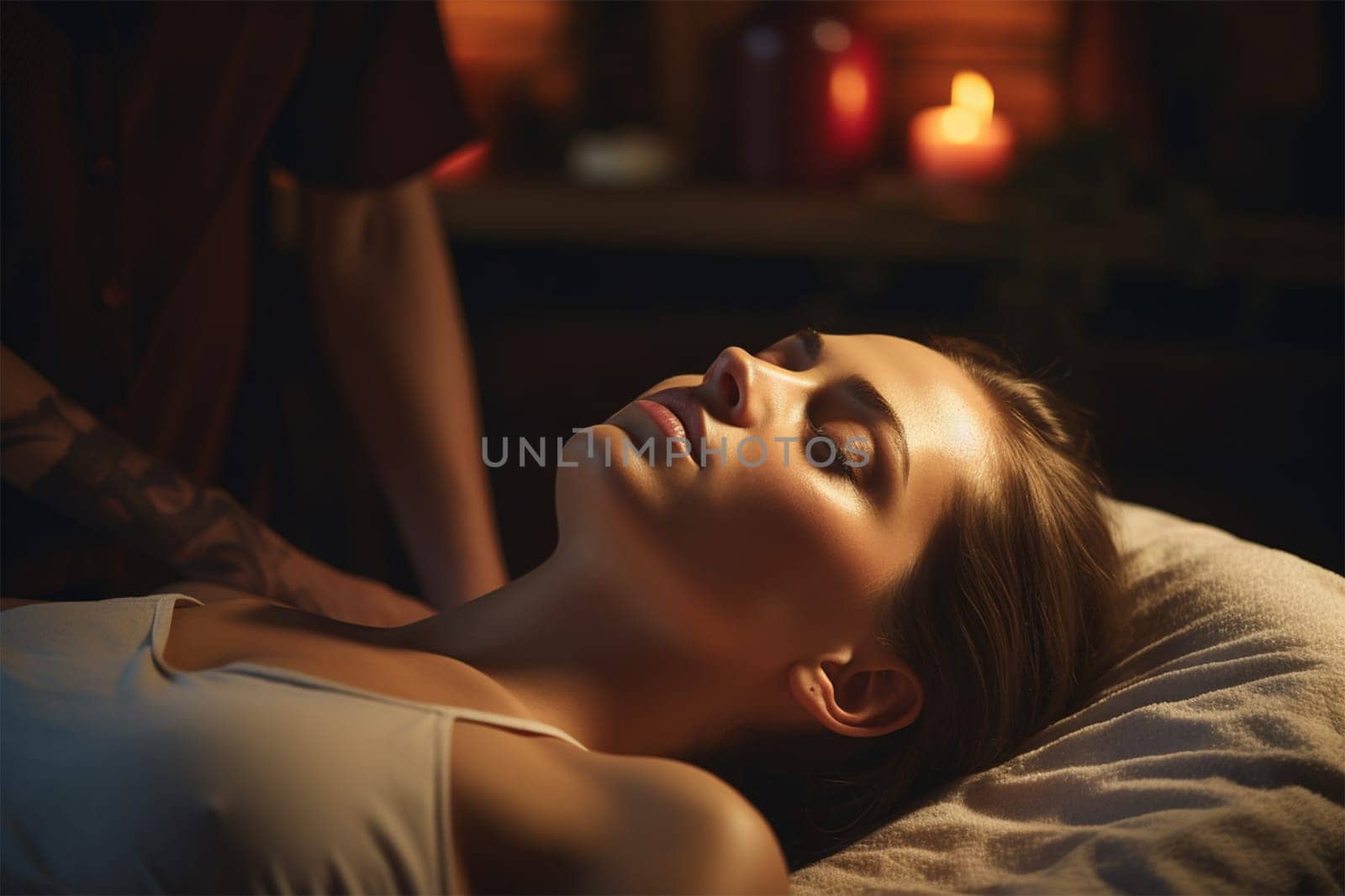 Young Beautiful woman enjoying massage in beauty salon or luxury spa resort. Generative AI