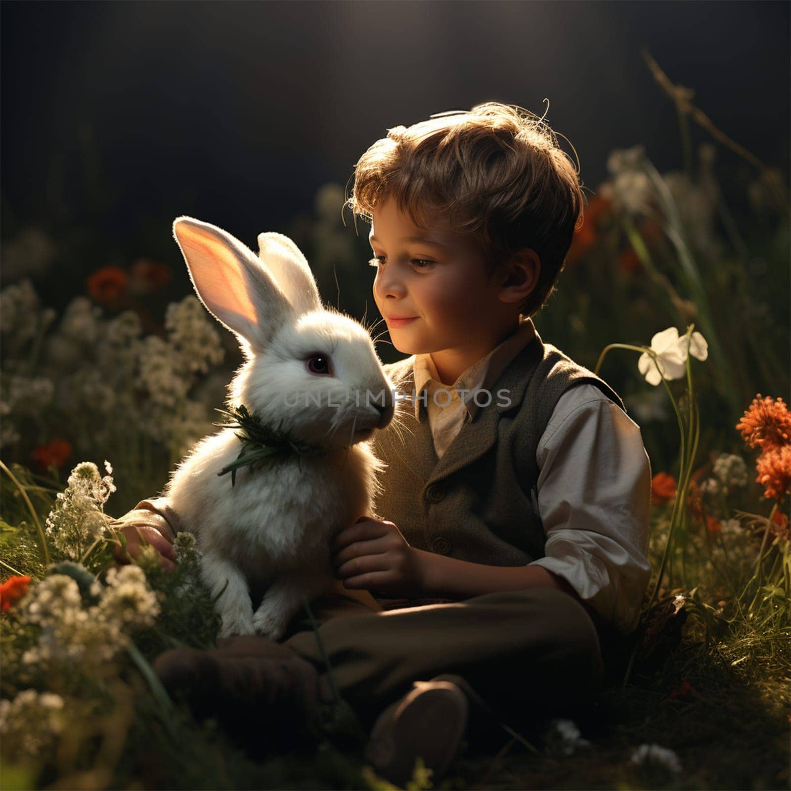 portrait of a boy in a white shirt and vest with his pet white rabbit in a clearing.Generative AI