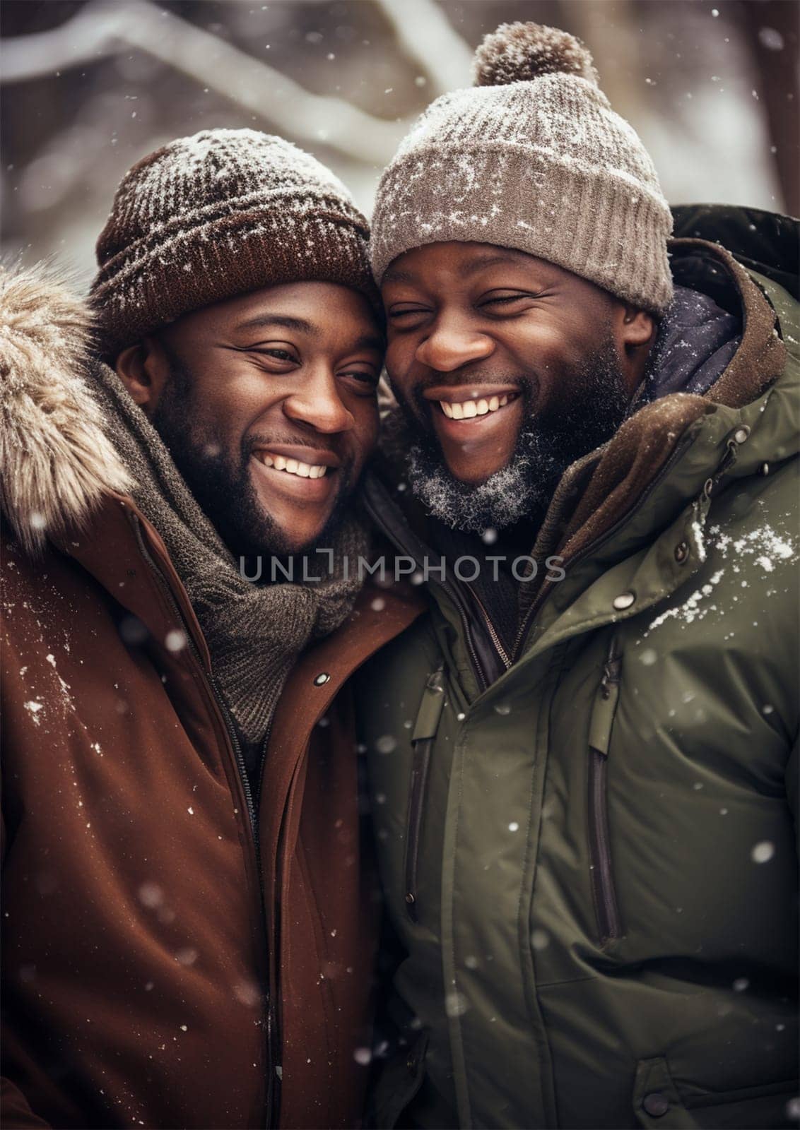 happy african american couple in winter park or forest.Generative AI