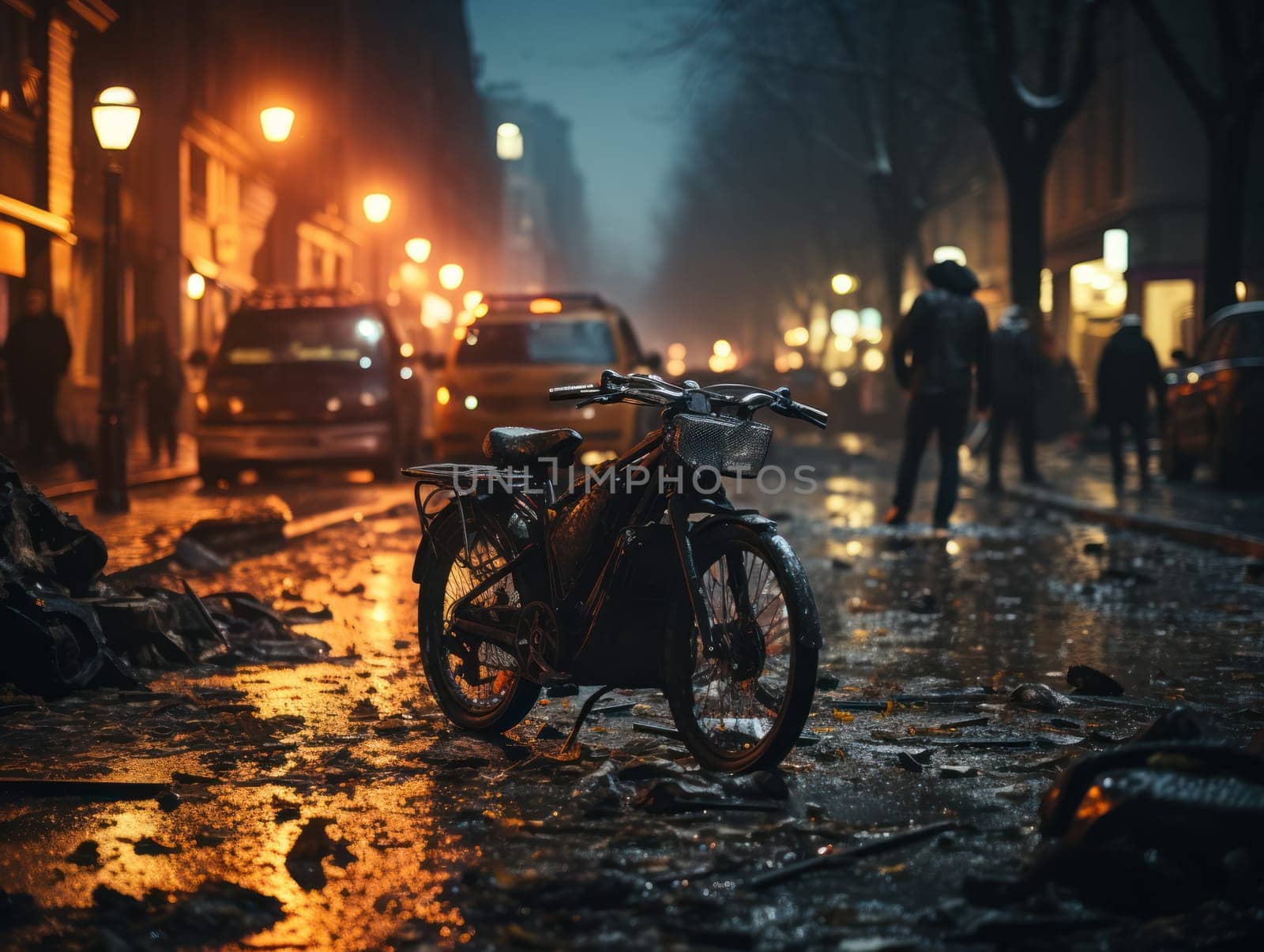 the consequence of a collision between a bicycle and a car on the road during riots on the streets. fragments on a wet road. road safety and life insurance concept.Generative AI