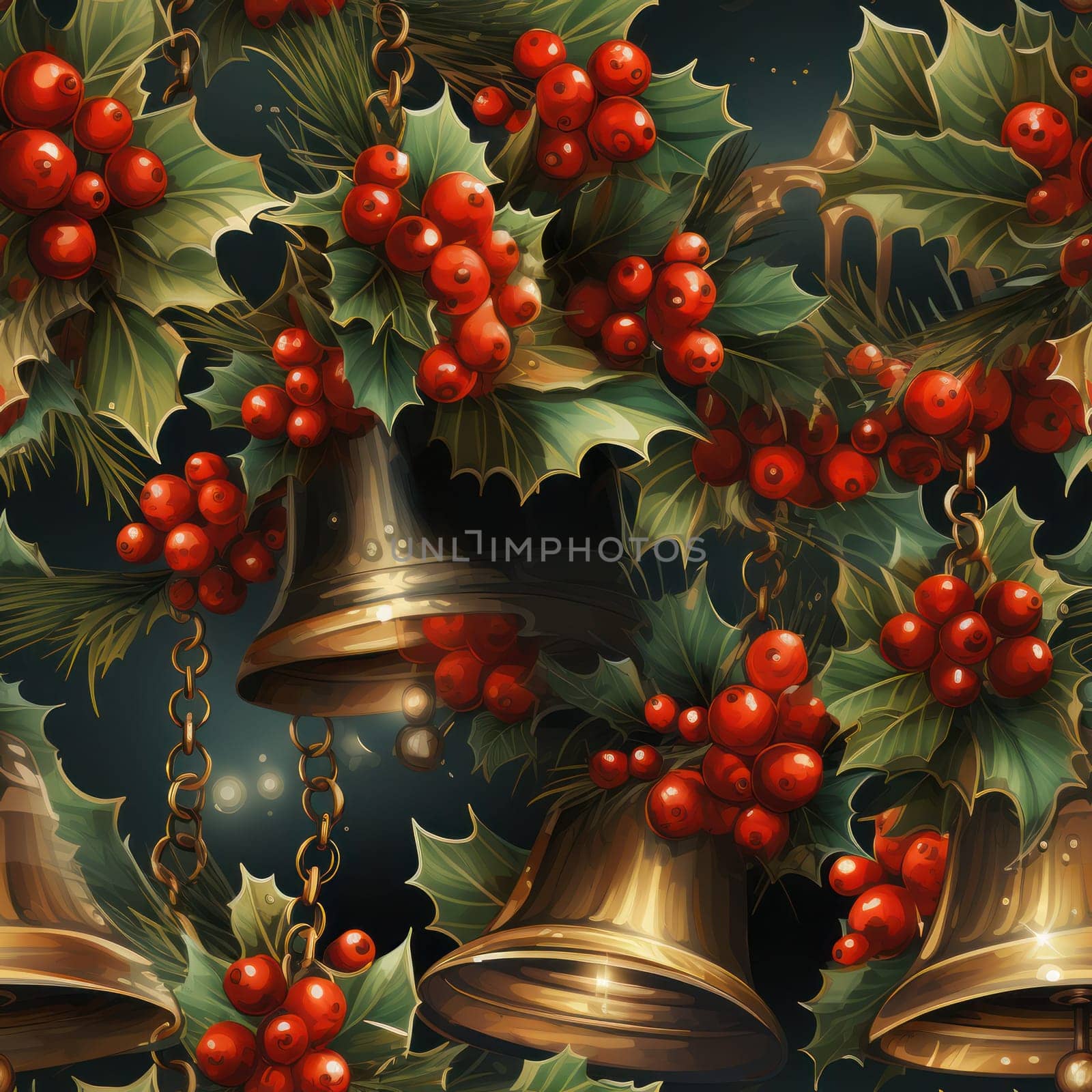 Christmas seamless pattern with bells on a dark green background .pattern for wallpaper, wrapping paper or fabric. Generative AI