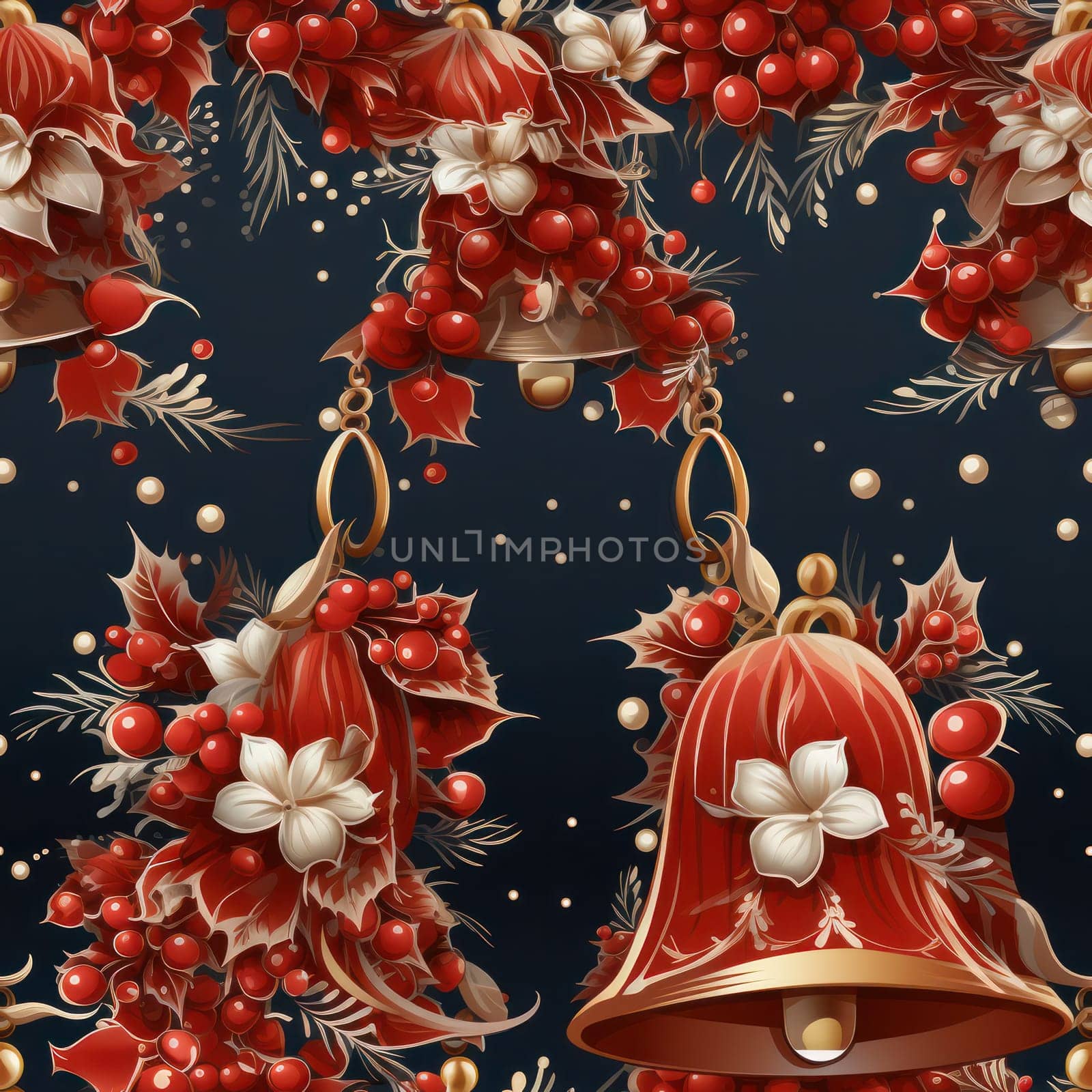 Christmas seamless pattern with red bells on a dark green background .pattern for wallpaper, wrapping paper or fabric. Generative AI