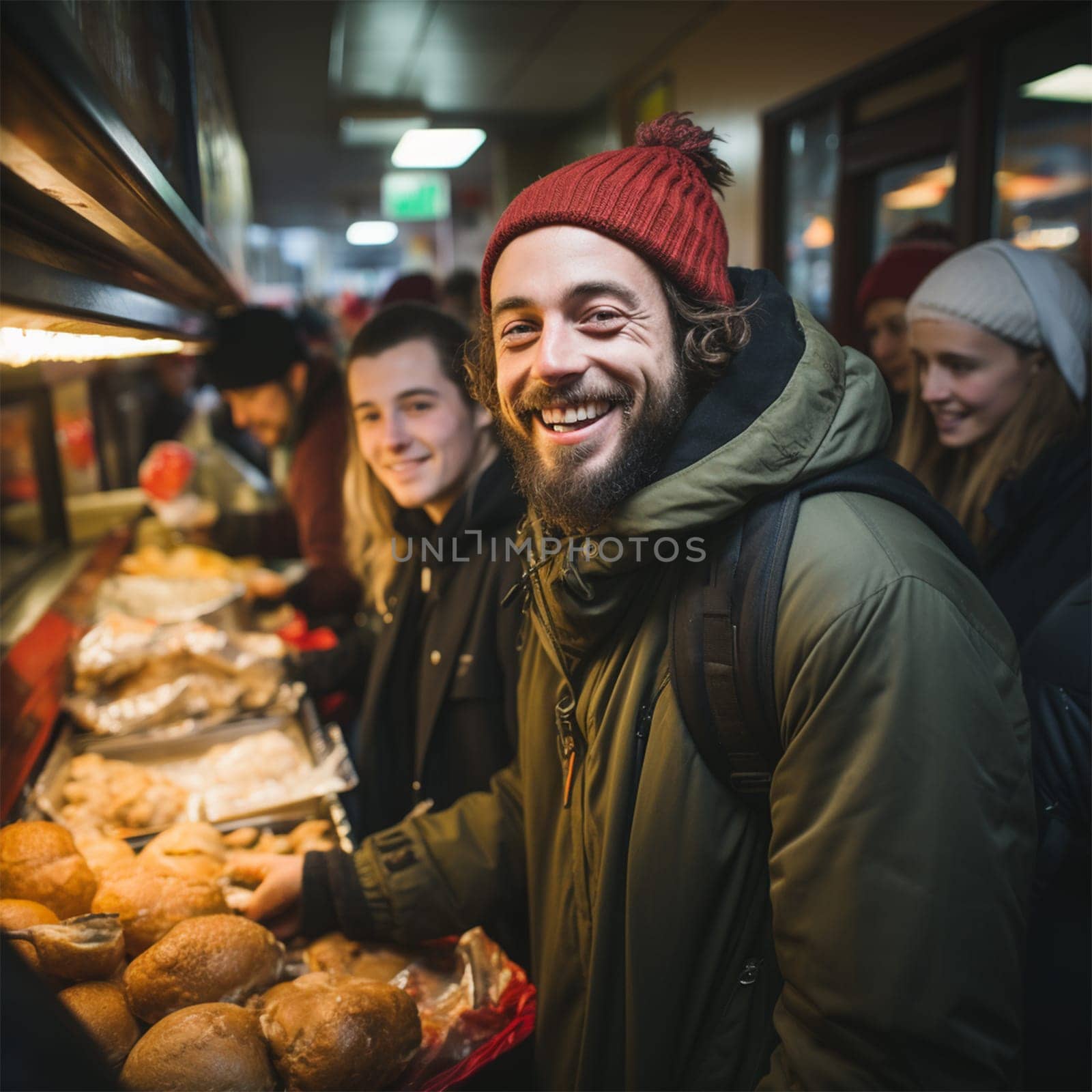 On Christmas Eve, volunteers help distribute food to the homeless and displaced. providing assistance to those in need on the streets of the city. Help and hope concept. Generative AI