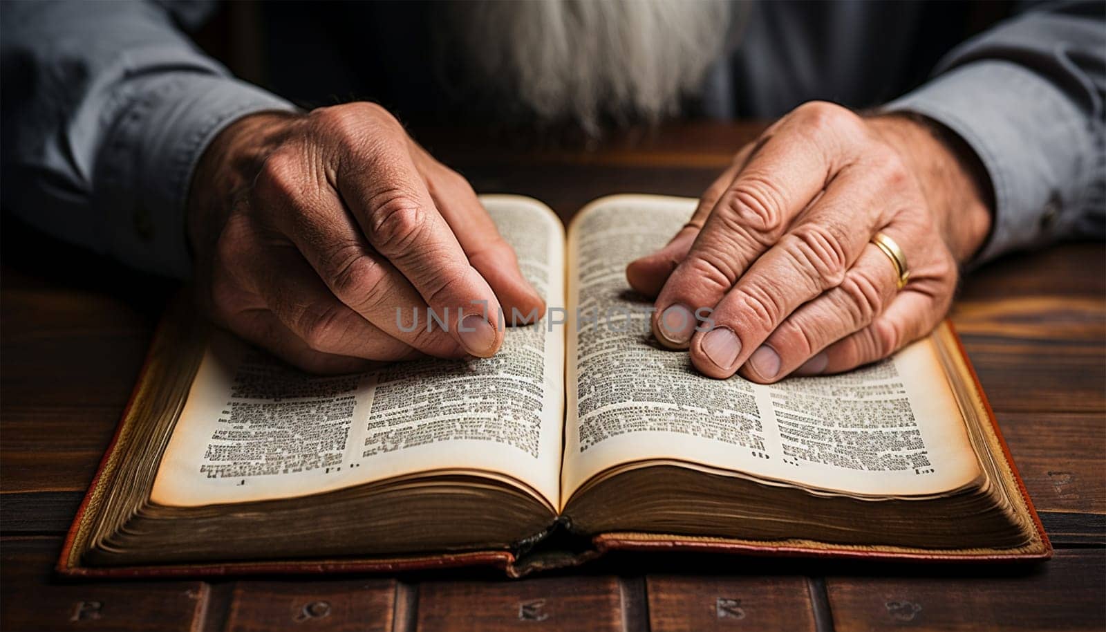 wrinkled hands of an elderly man holding an open book on the table.Generative AI