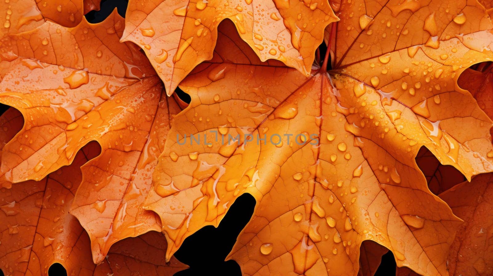 close-up maple leaves after rain with water drops.autumn mood. Generative AI