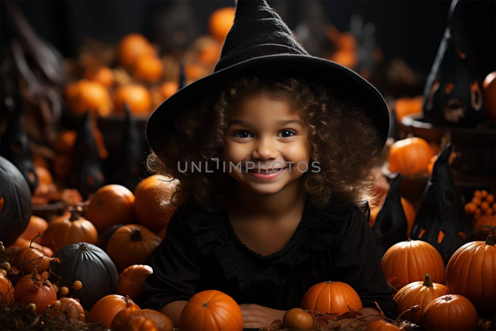little witch in a costume and hat with pumpkins at night for Halloween, children's Halloween, dark background.Generative AI