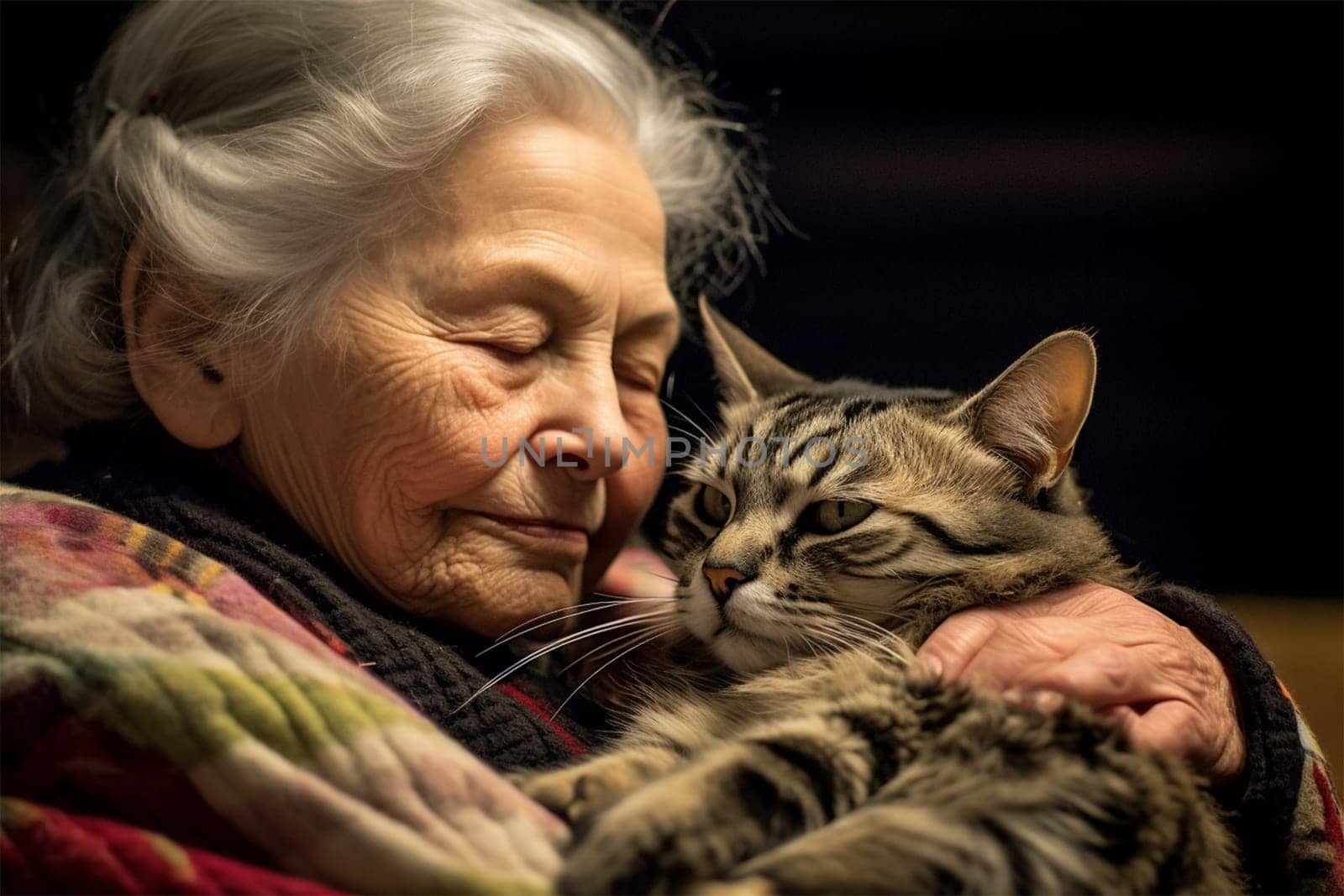 an elderly woman hugs her pet cat with her face pressed to him. Caring for animals. loneliness