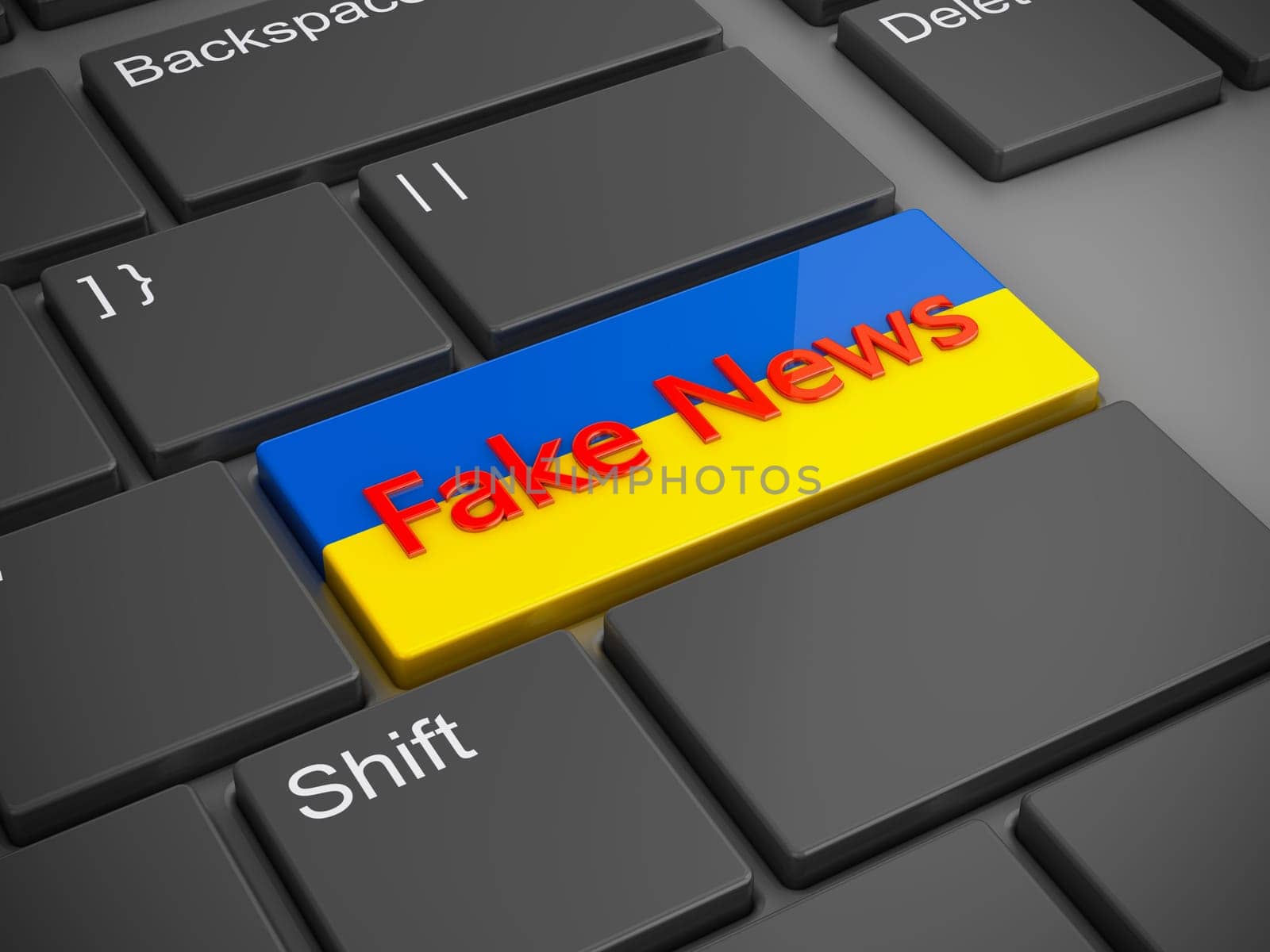 A button on the keyboard with the Ukrainian flag and the inscription Fake News. 3D rendering.