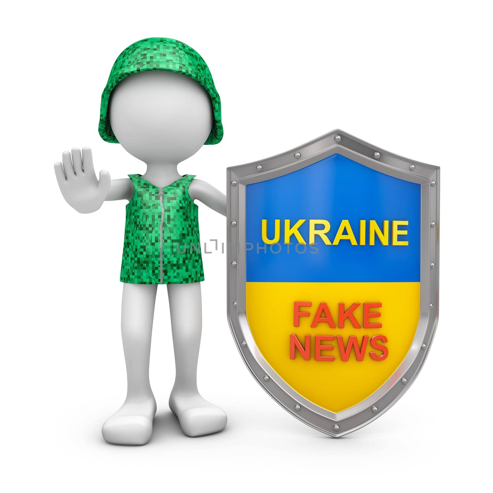 A soldier in a helmet at the shield with the inscription - fake news. 3D rendering.