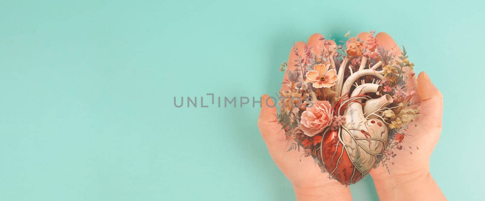 Hands holding human heart with flowers, love and emotion concept, good hearted person, help and charity