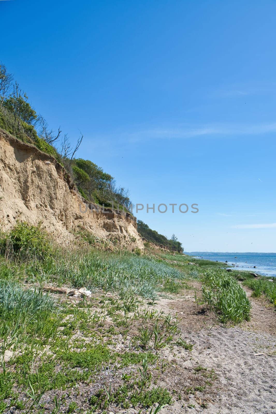 Island Poel on the steep coast to the Baltic Sea. Break-off edge on the slope, in front of it beach with grass. Coastal landscape in summer. Vacation resort