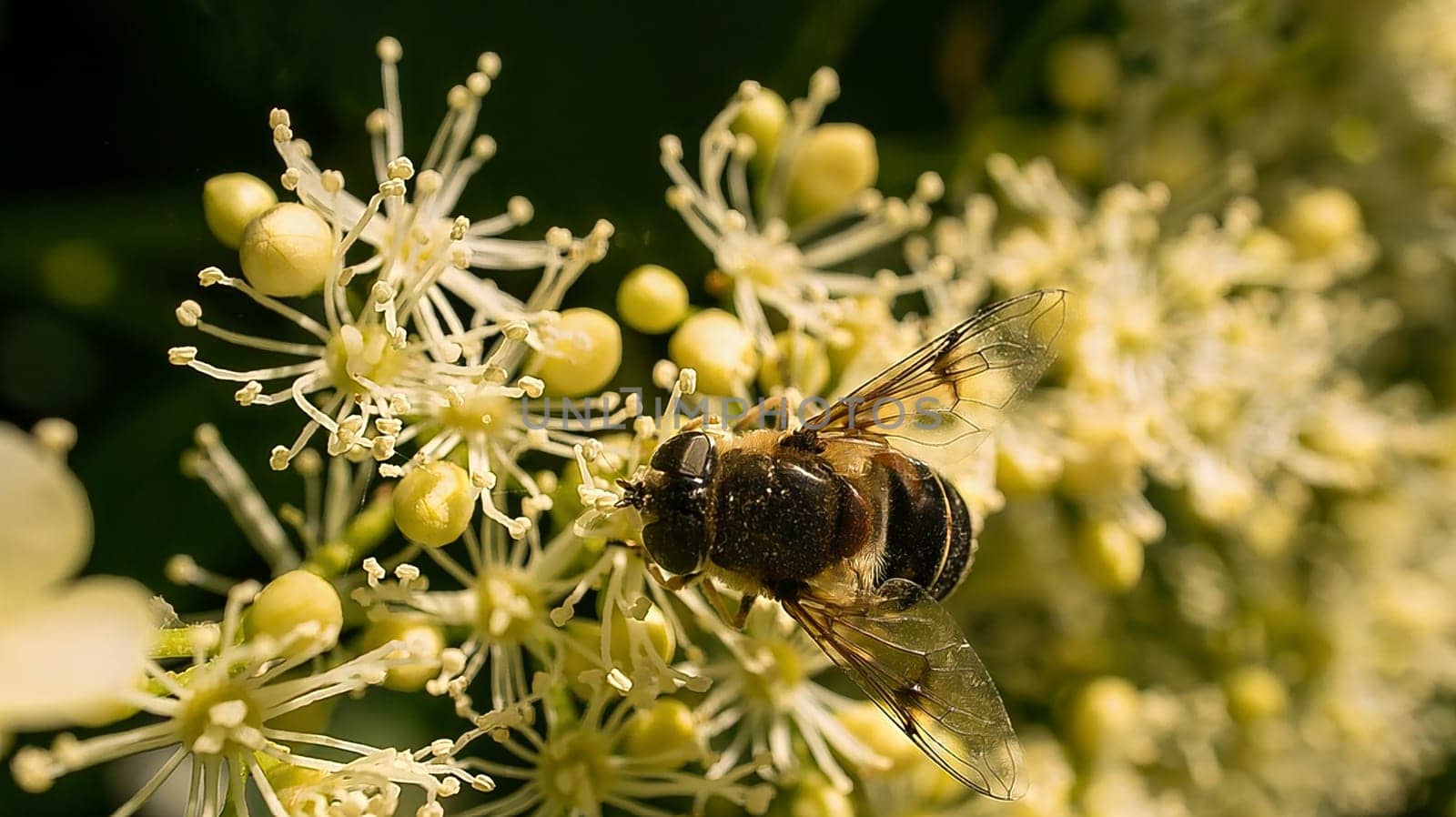 Fly on a white flower collecting nectar. Insect photo in macro shot. Animal photo from garden