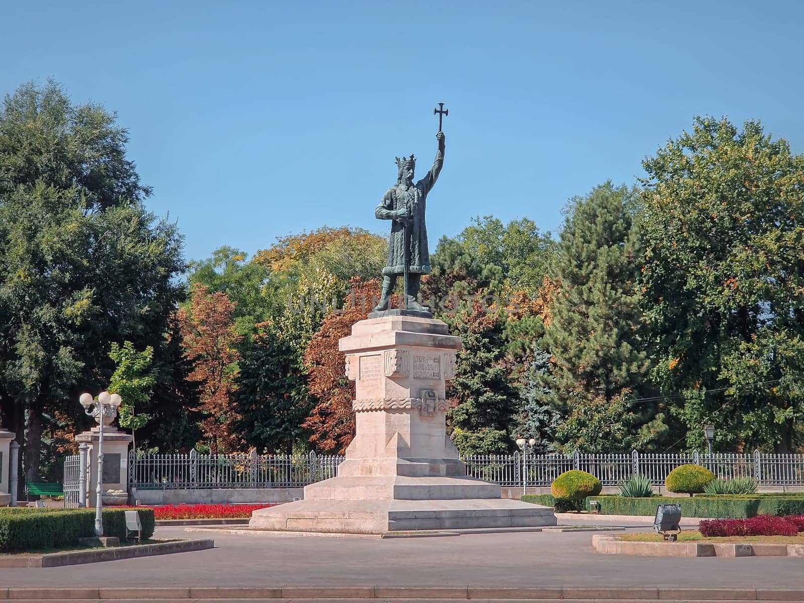 Stephen the Great monument in front of the central park in a sunny autumn day, Chisinau city, Moldova