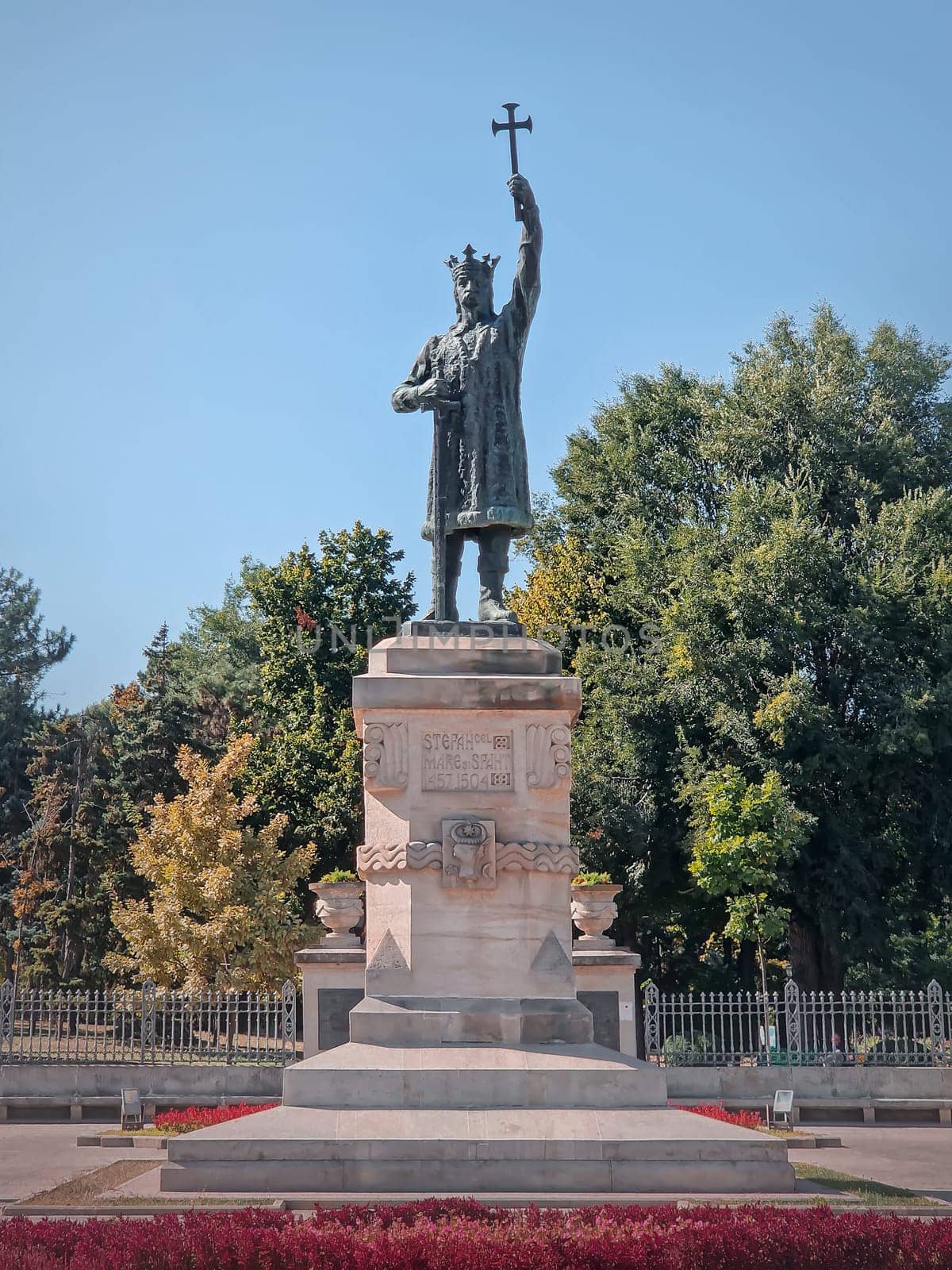 Stephen the Great (Stefan cel Mare) monument in front of the central park in a sunny autumn day, Chisinau city, Moldova