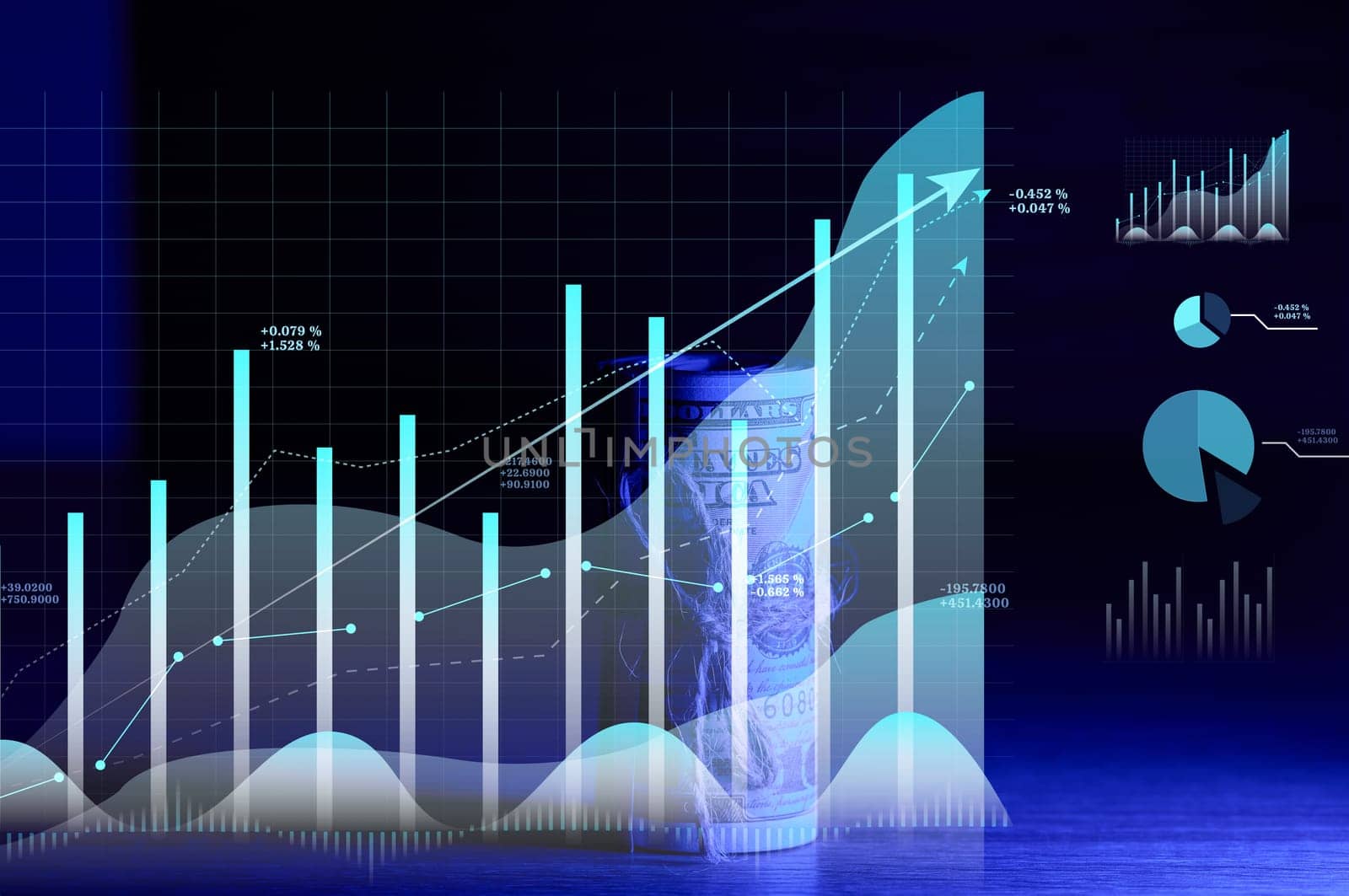 Roll of one hundred dollar bills tied with a rope and a graph with rising rates. Income growth concept, high margin, profitable business