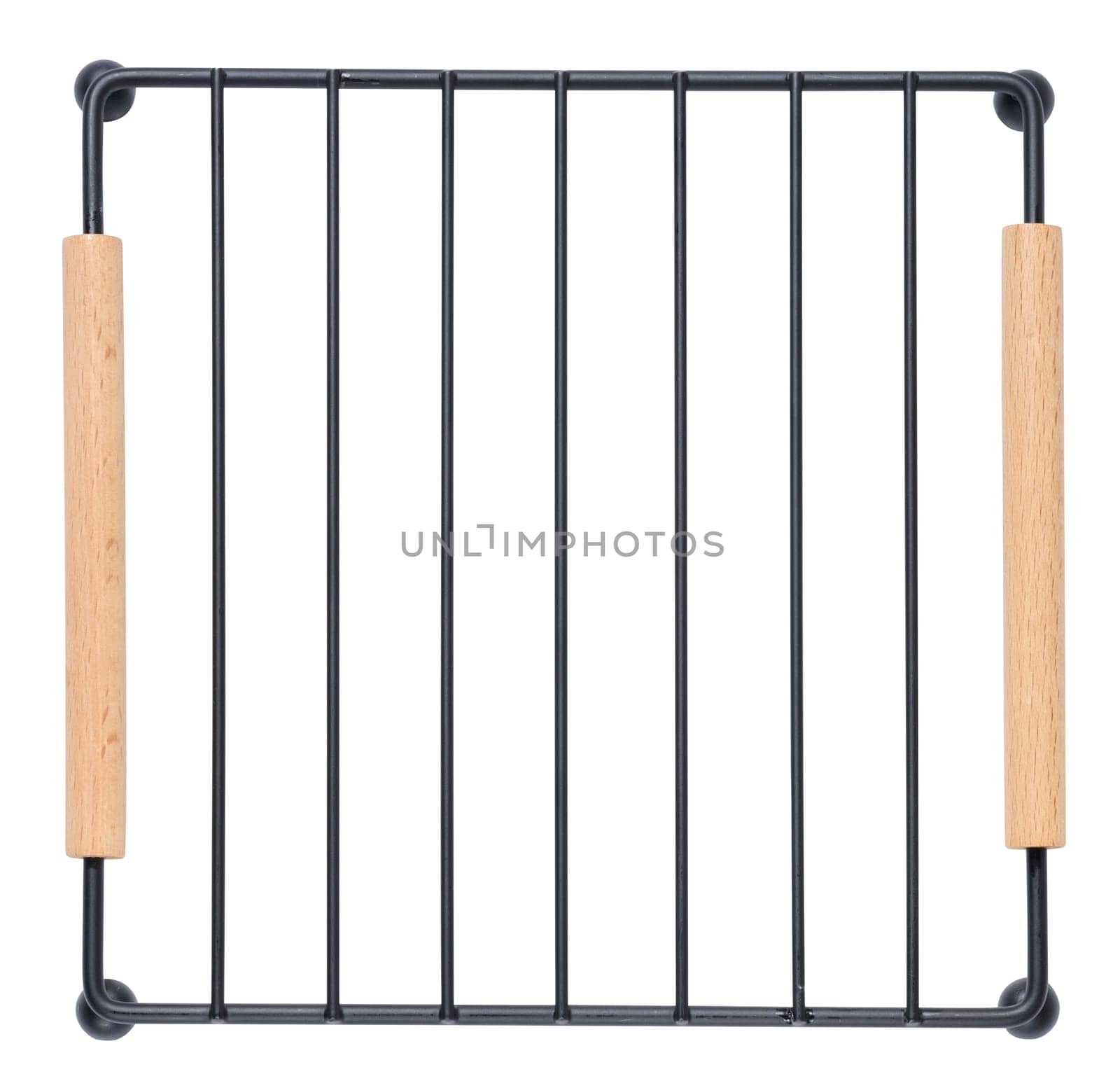 Square metal stand for hot dishes with wooden handles on a white background, top view