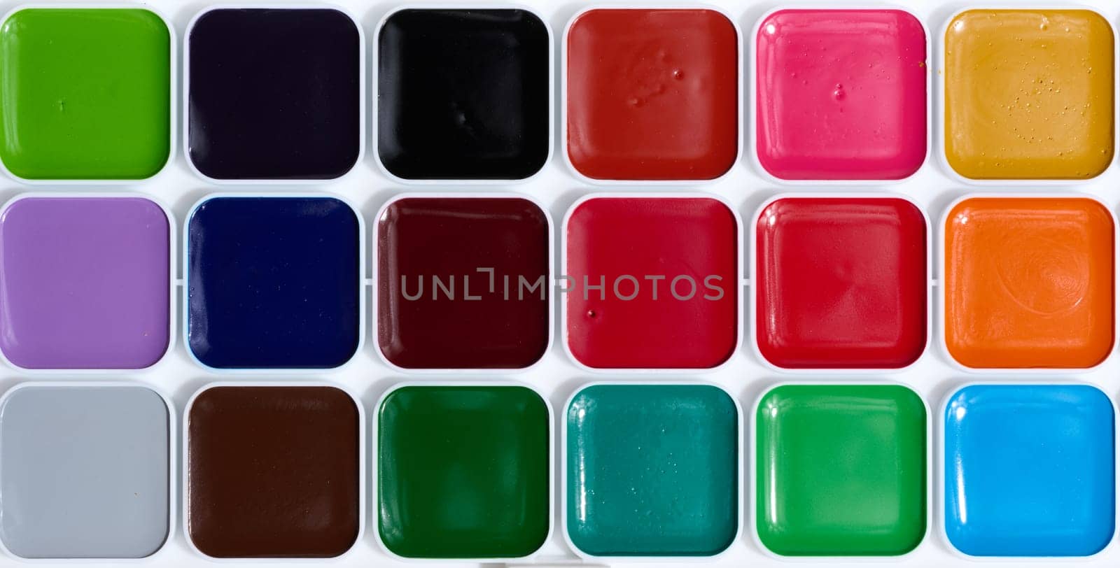Watercolor paint palette, object for drawing and creativity, cells