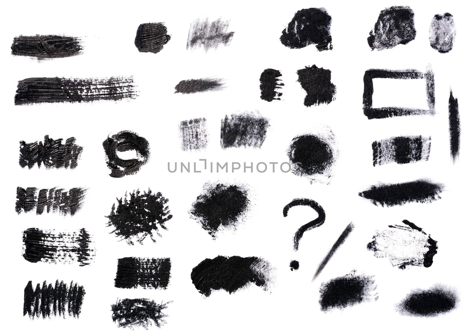 Swatch of black smudged acrylic paint isolated on white background, close up. Set